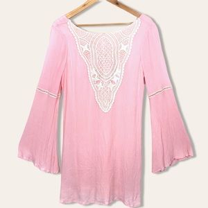 Andrèe Cottage Core Lace Embroidered Pink Bell Sleeve Crepe Mini Dress S